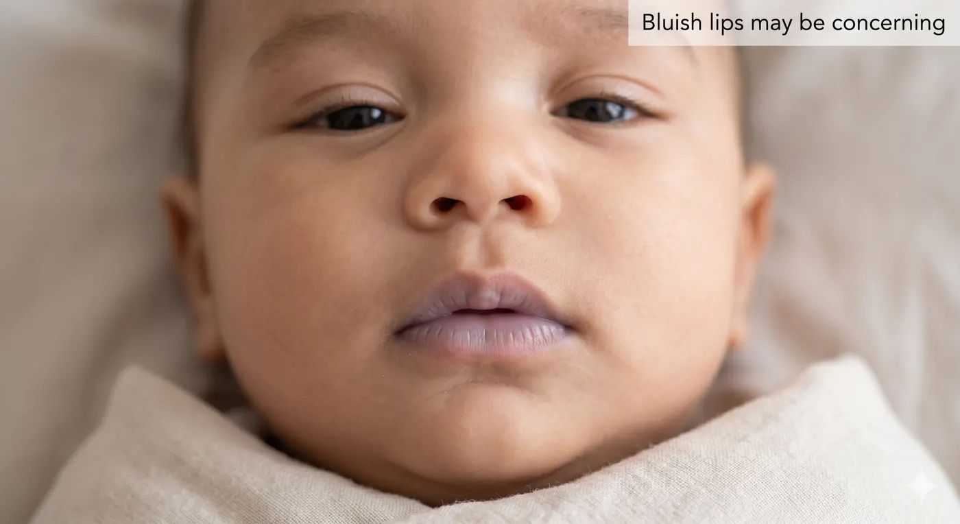 Illustration showing cyanosis — blue or gray discoloration around the lips in a baby