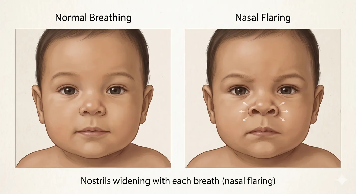 Close-up showing nasal flaring in a baby — nostrils widening during breathing