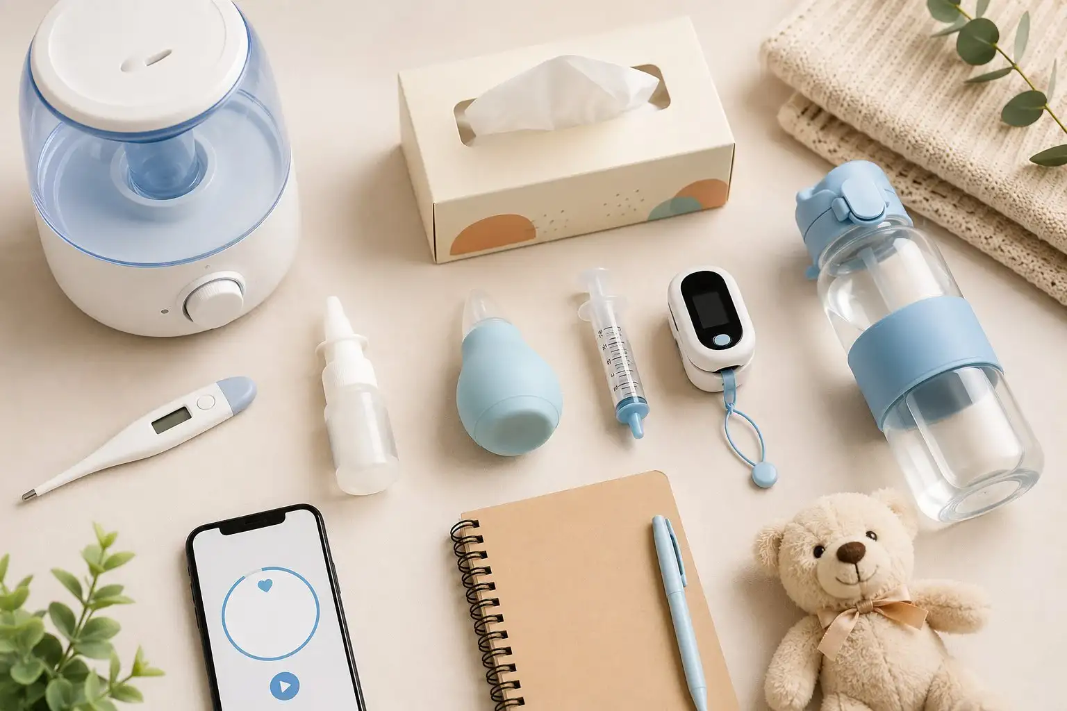Home observation kit for watching a child breathe — bulb syringe, humidifier, and thermometer