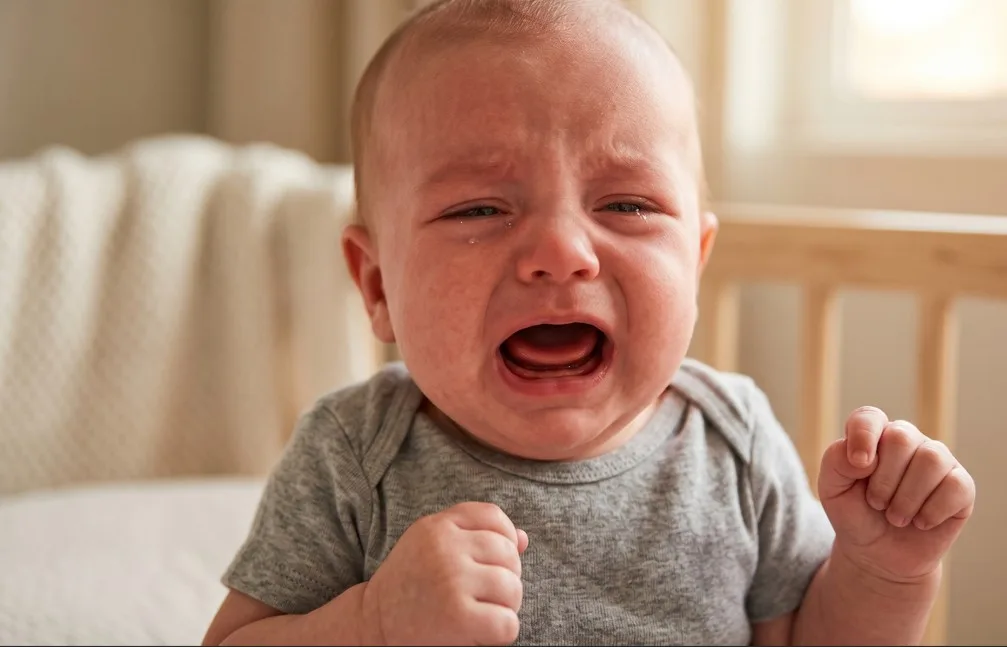 A baby crying inconsolably while sick with a fever
