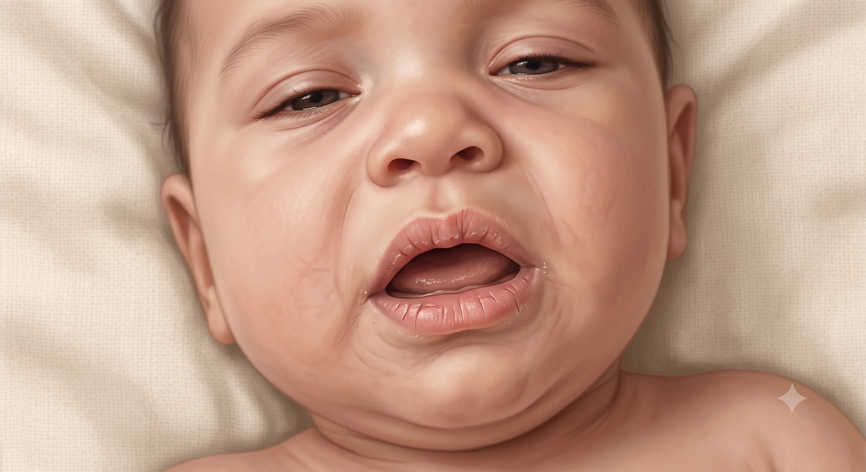 A sick baby with visibly dry cracked lips and a dry mouth — an early sign of dehydration