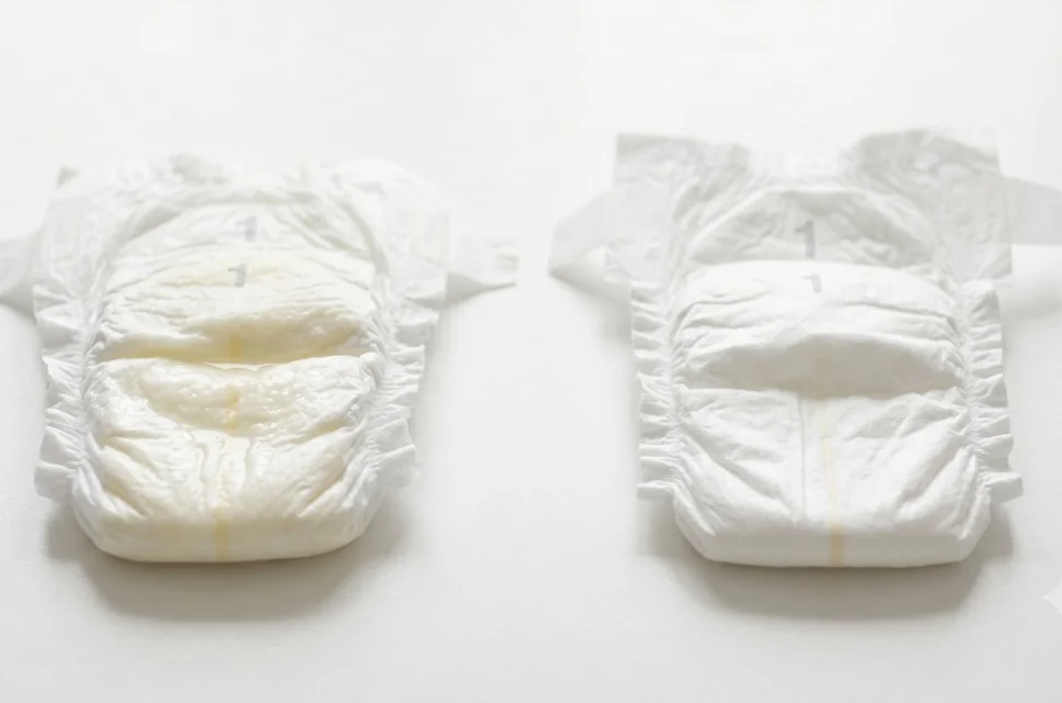 A dry diaper indicating reduced urine output in a sick baby