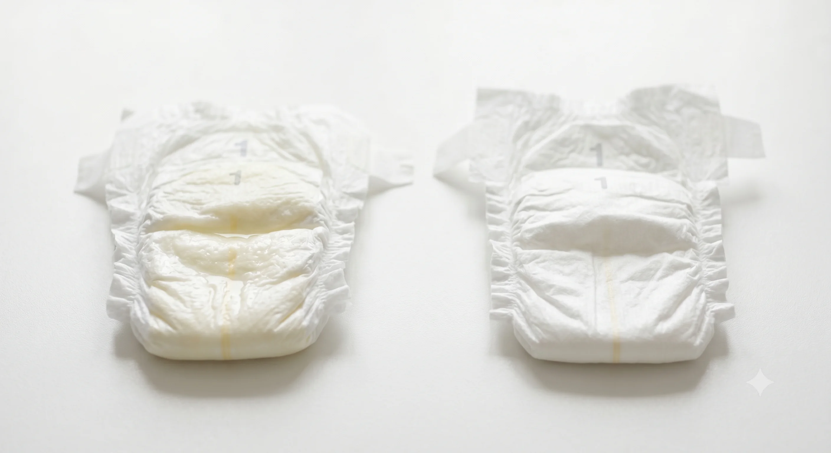 A side-by-side comparison of a wet and dry diaper showing the visible difference in weight and texture
