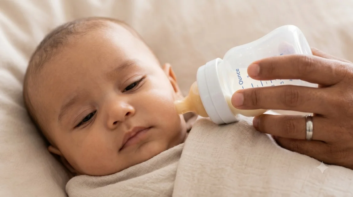 A baby turning away from a bottle — refusing fluids while sick