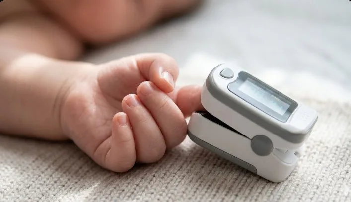 A pulse oximeter clipped onto a baby's finger