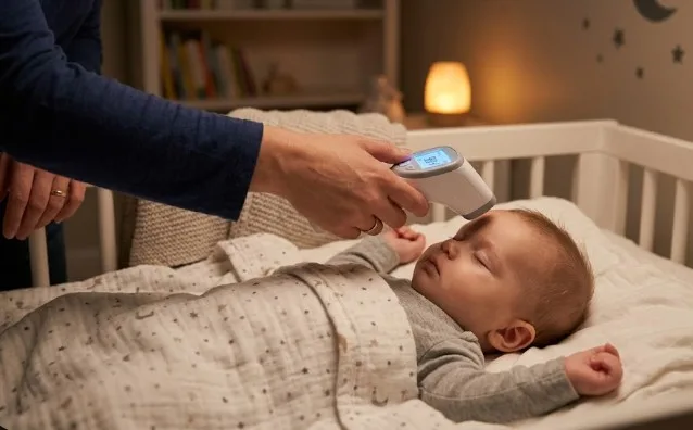 A parent using a forehead thermometer on a baby