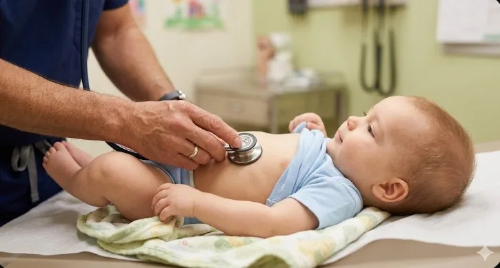 A stethoscope placed on a baby's chest to listen to the heart rate